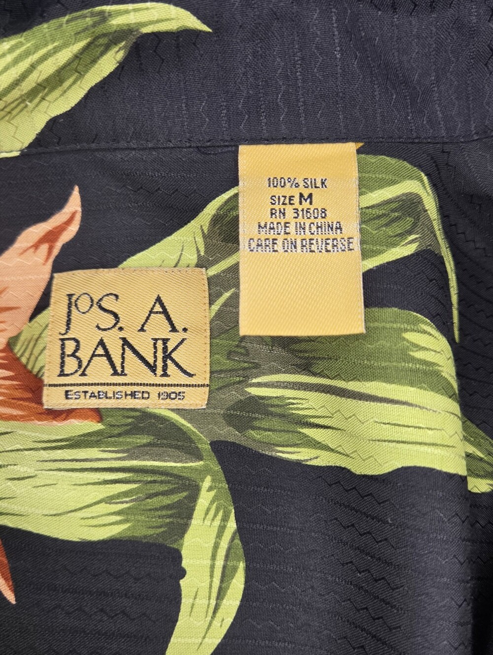 Jos. A. Bank Mens M Med Black Silk Button-Down & Green and Orange Floral Print